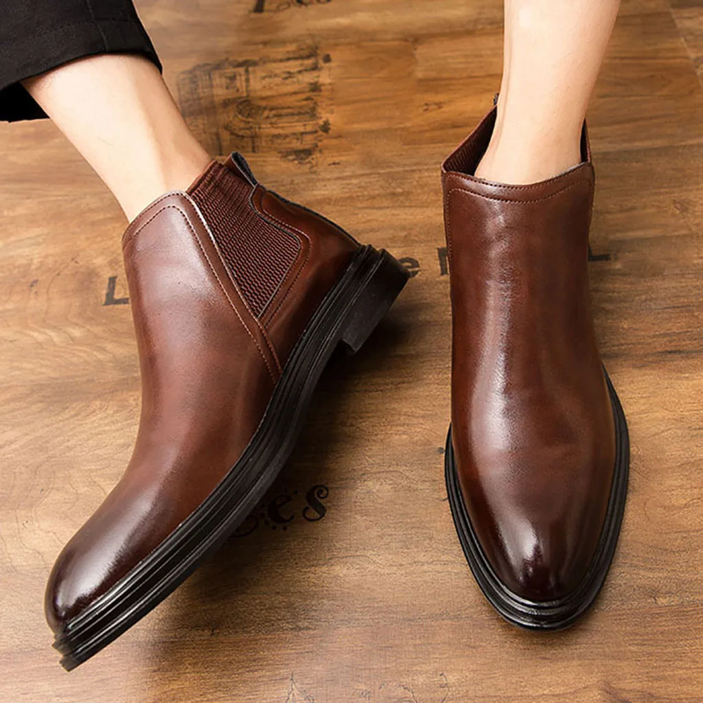 Эластичные слипоны обуви Для мужчин в стиле ретро, в британском стиле с острым носком стиль обуви Повседневное Челси кожаные Бизнес для взрослых мужские ботинки zapatillas hombre