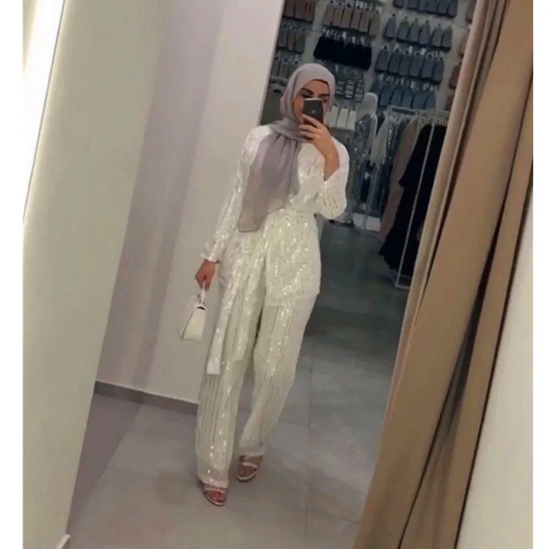 Dromiya Two Piece Set Women Roupas Sequin Abaya Dubai Muslim Tops Femme 2 Pieces Pantalon Two Piece Set Top And Pants