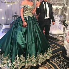 С открытыми плечами Пышное Платье темно-зеленый атлас аппликация Формальные праздники одежда платье для выпускного индивидуальный заказ