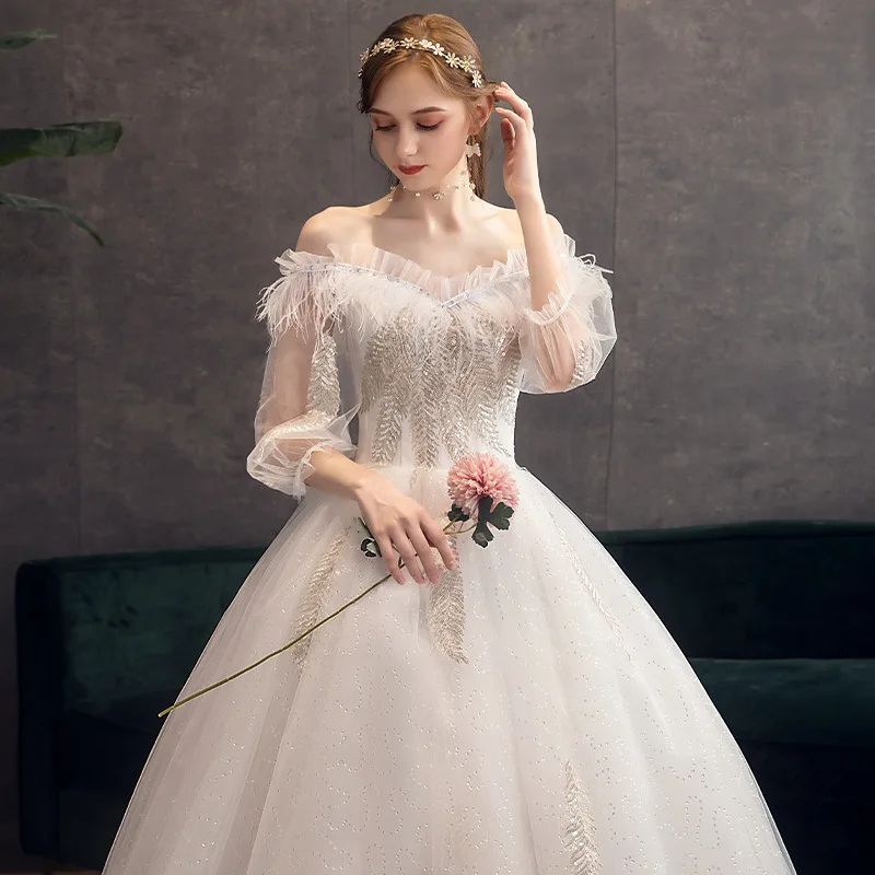 Новое сексуальное свадебное платье с вырезом лодочкой и длинным рукавом, элегантное платье с открытыми плечами и вышивкой на шнуровке, простое свадебное платье