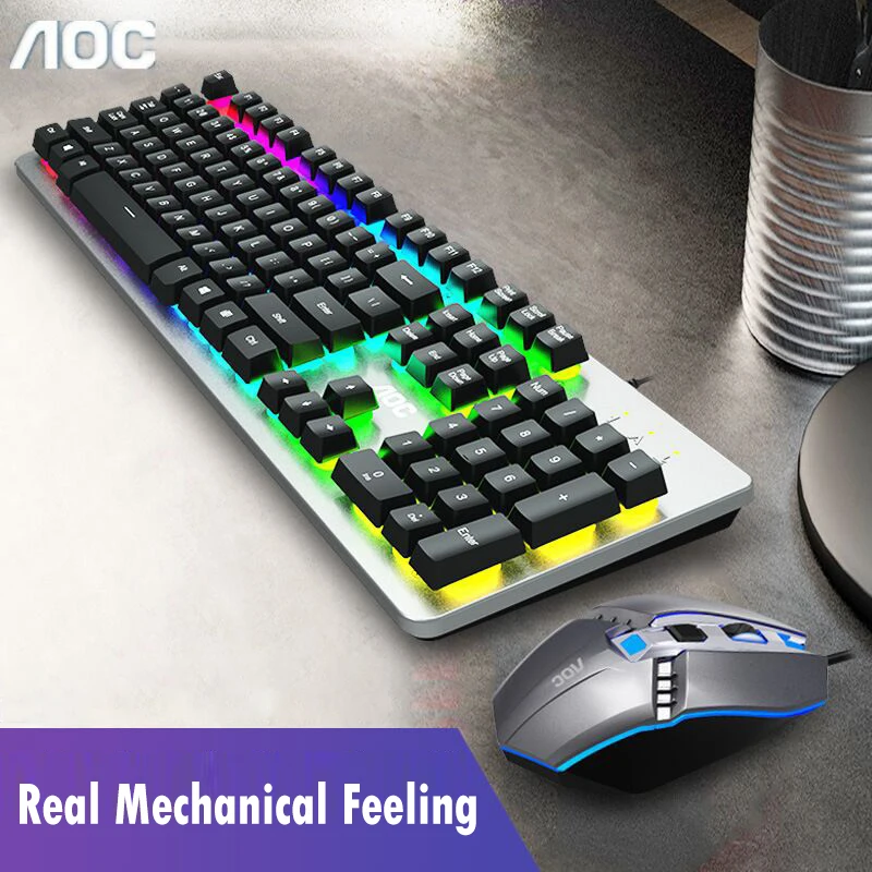 

Mechanical Feeling Keyboard Mouse Combos Gaming Office Wired Keyboards Rainbow Backlits Mouse Ergonomic Metal Panel Keypads