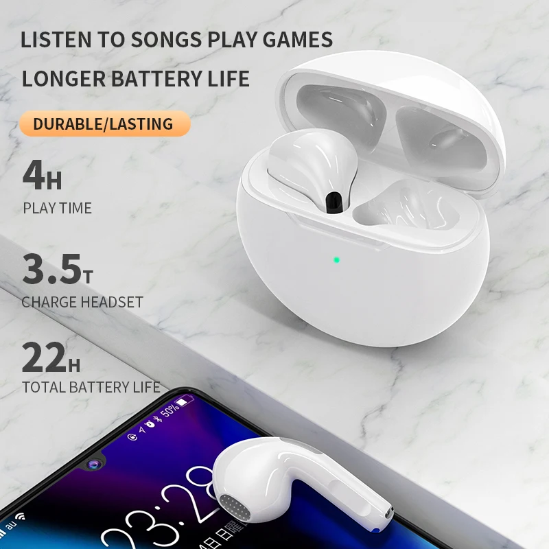 Airbuds 6 TWS Earbuds Wireless Bluetooth Earphones Touch Control Stereo Bass Noise Cancelling Sports Headset With Charging Box