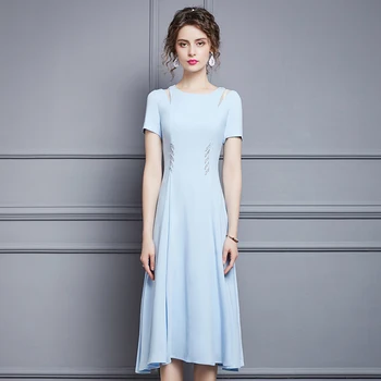 

Plus size Women fashion summer dress 2020 short sleeve top quality cutout shoulder a-line midi elegant dresses blue