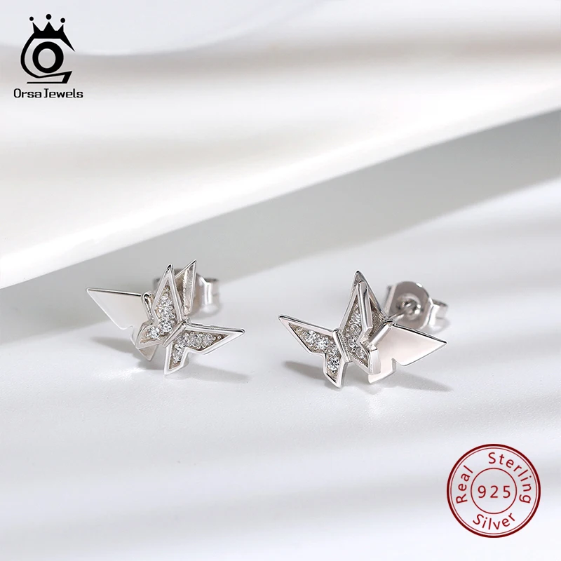 ORSA JEWELS новейшие серьги-гвоздики с бабочкой AAAA прозрачный Циркон Настоящее серебро 925 пробы женские серьги Элегантные ювелирные изделия SE155