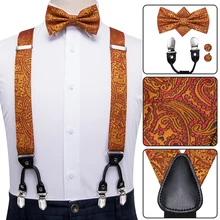 BD-3021, Hi-Tie, Шелковый, для взрослых, мужской, подтяжки, галстук, набор, кожа, металл, 6 зажимы подтяжек, золотой, коричневый, Пейсли, Эластичные подтяжки для мужчин