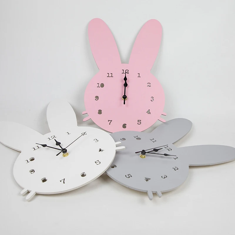 Best Kids Room Wood Bunny Clock For Baby Boy Girl Room Decoration Nordic Style White Pink Rabbit Wall Clocks Children Room Decor