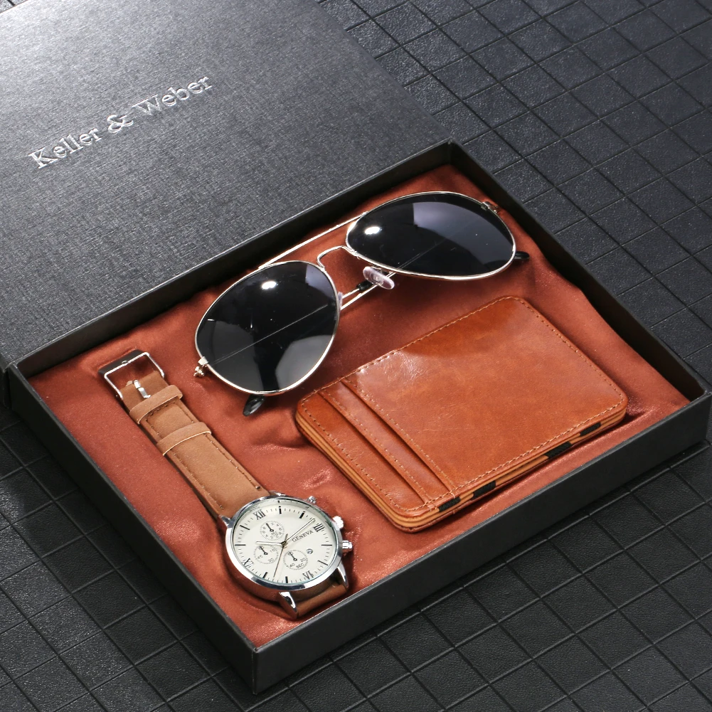 Brown Male Watch Set Card Case Sunglass Gift Sets Quartz Roman Digital Dial Leather Strap Credit Wallet Practical Men Present winter coat new in jackets male parka hot men s clothing coats man thick sets parkas sweater streetwear hooded waterproof jakets