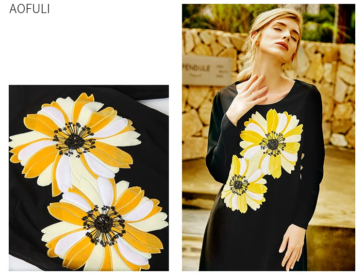 L~ 4XL 5XL Осенние Длинные Платья с цветочным узором плюс размер Новое модное повседневное прямое платье с длинными рукавами AOFULI A4087