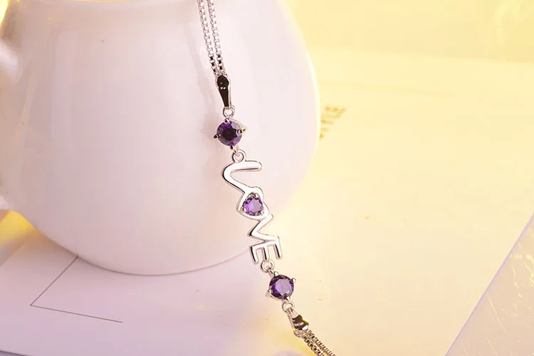 Изящный Настоящее серебро 925 проба сердце из фианита браслет Argent Femme начальный Braclet женский ручной цепь на руку SB024 - Окраска металла: Purple