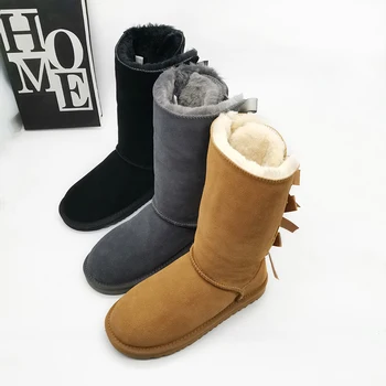 

Genuine Leather Women Snow Boots Winter Shoes Warm Plush High Boots Butterfly-knot Slip On Round Toe Woman Flat Shoes Plus Size