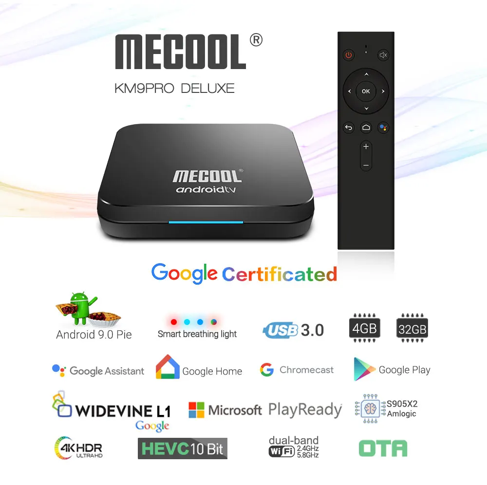 MECOOL KM9 Pro Deluxe Android 9,0 ТВ-приставка Google сертифицированная смарт-ТВ-приставка 4 Гб DDR4 32 Гб Amlogic S905X2 4K 2,4G 5G Dual Wifi BT4.0