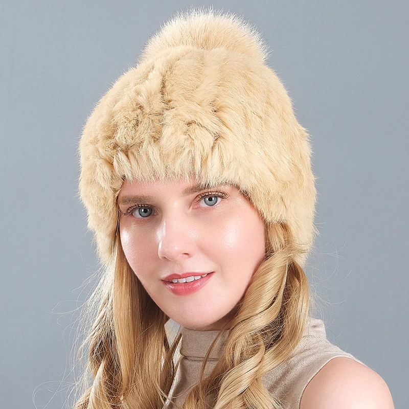 

2020 New Winter Russian Natural Rabbit Fur Hat Women Elasitc Warm Handmade Knitted Real Fur Hats Fox Fur Pompoms Beanies Cap