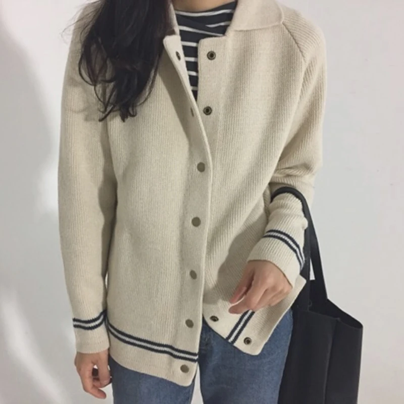 

Harajuku Stripe Womens Cardigan Long Sleeve Vintage Preppy Style Knitted Sweater Women Autumn Winter Female Cardigans Apricot