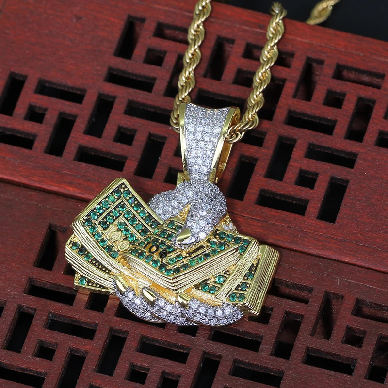 Men's Hip Hop Micro Paved Green AAA Cubic Zirconia Bling Ice Out Rich Holding Dollars Money Pendants Necklace - Rapper Jewelry image 5