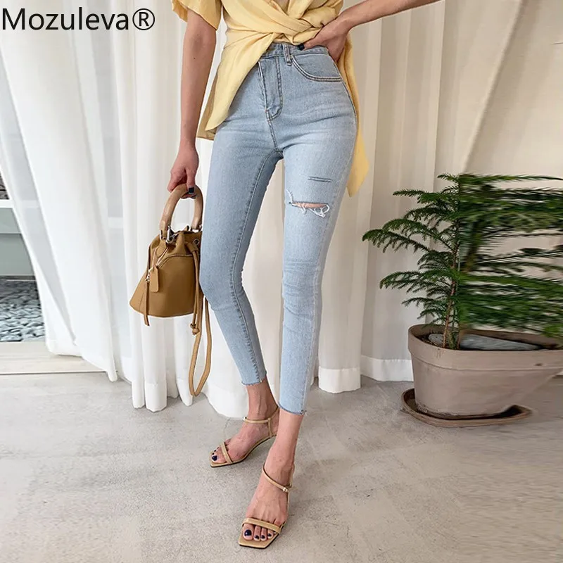 Blue Jeans Mozuleva Bottoms Ripped-Holes Skinny Streetwear Female Denim Summer Women