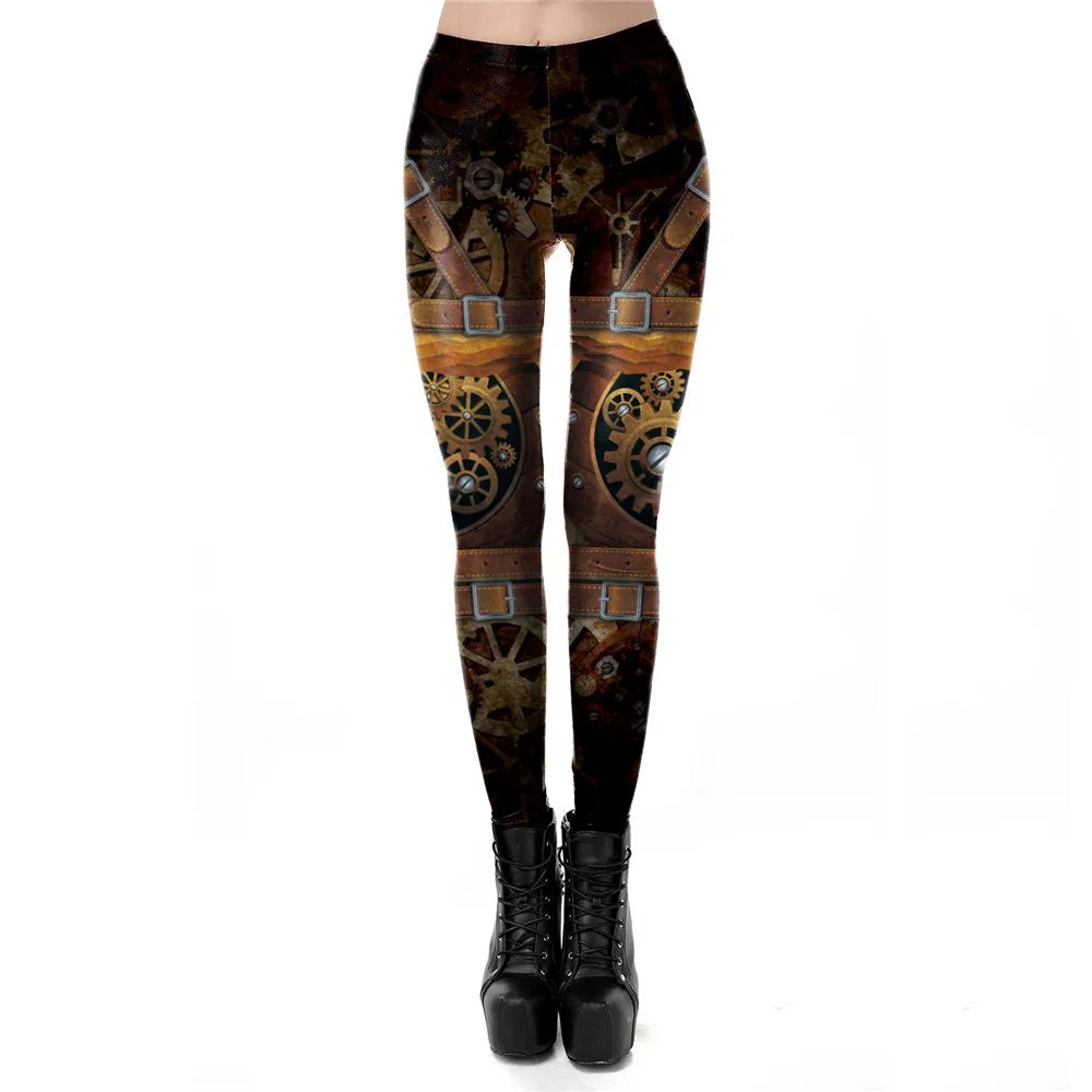 [You're My Secret] Vintage Color Leggings Sexy Steampunk Belt Printed Leggin Mid Waist Pants Women Summer Fitness Casual Trouser leggings with pockets