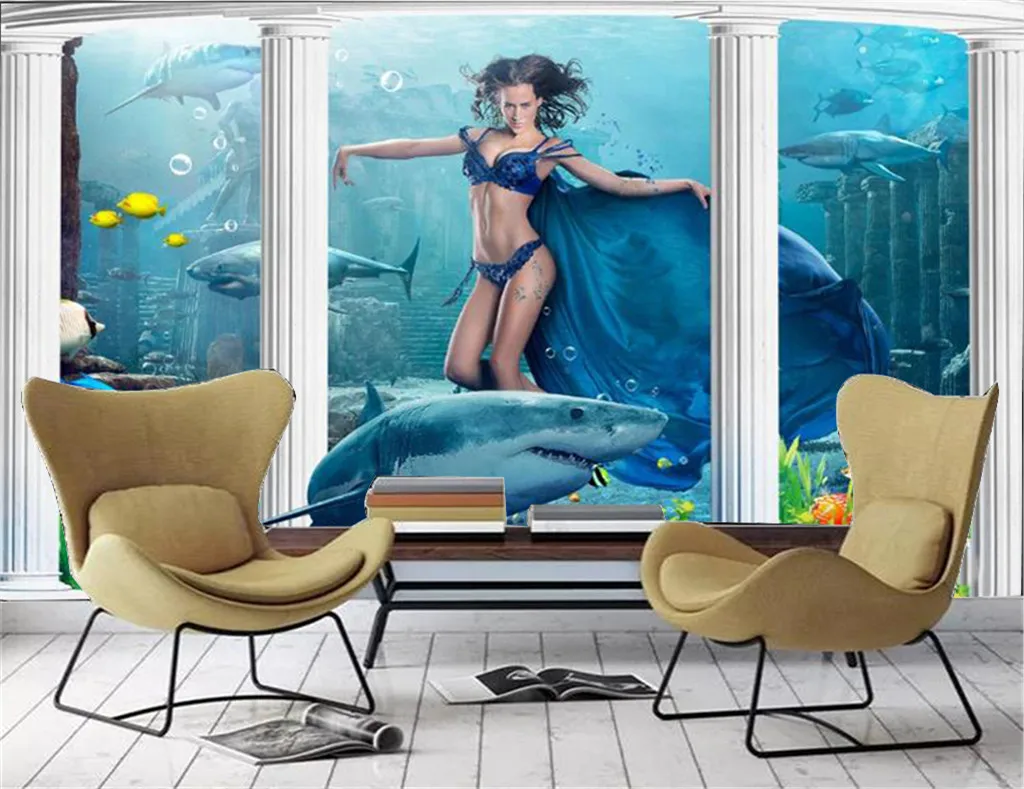 

Ocean View 3d Home Wallpaper Shark Dolphin Underwater World Mermaid Coral Solid Wall HD Superior Interior Decorations Wallpaper