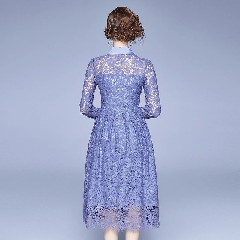 TAOYIZHUAI Office lady style elegant lace dress turn-down collar blue button knee length OL dress fashion slim A-line vestidos