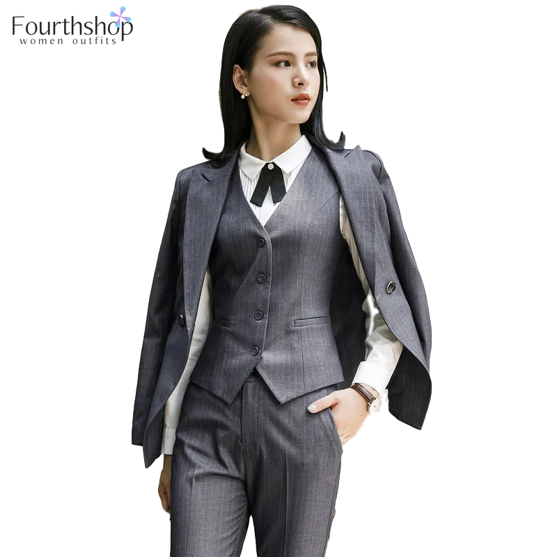 

2022 Fashion Women Suits Office Lady Business Work Uniforms Formal Pant Suits Female 3 Piece Set Striped Pants Blazer and Vest