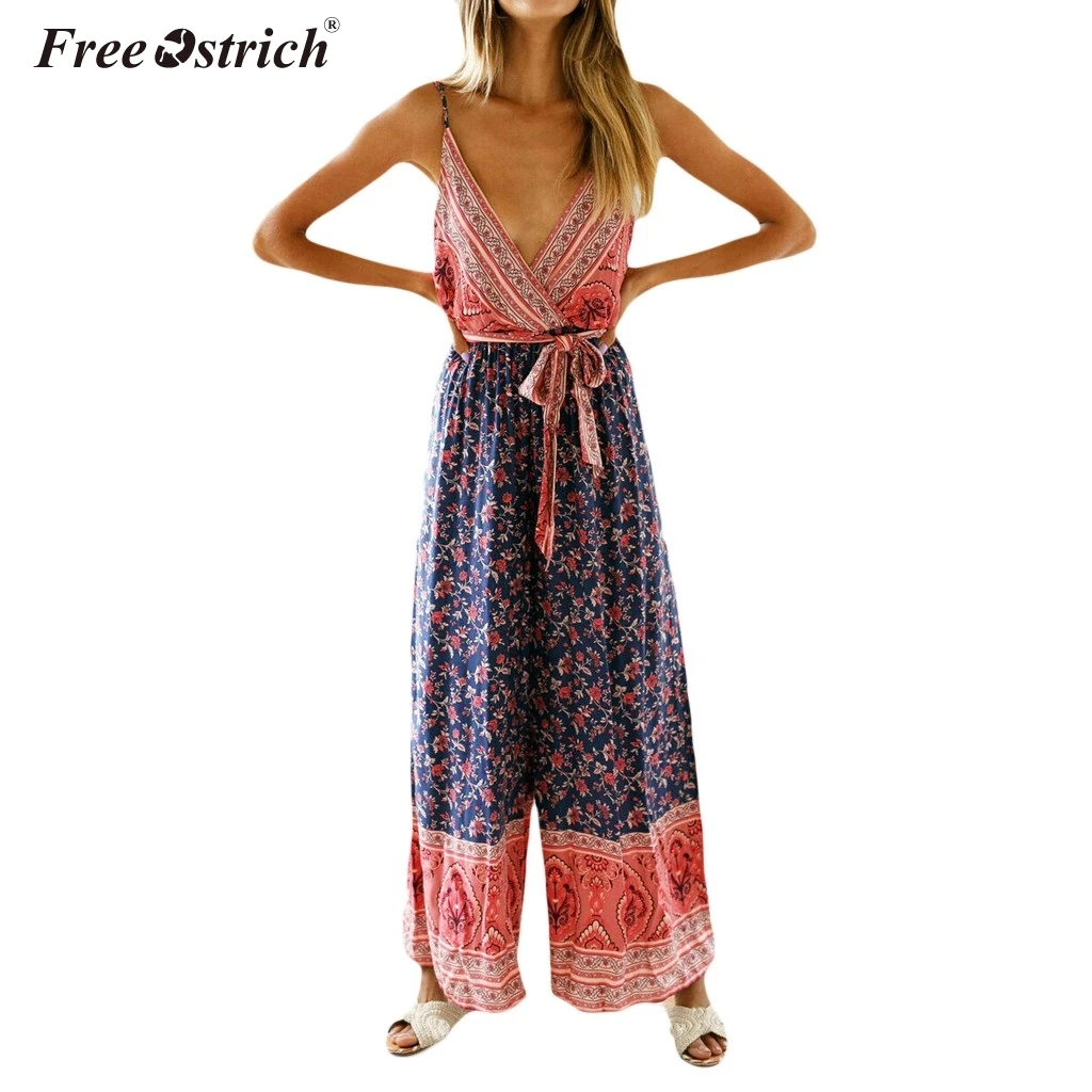 

Free Ostrich 2019 Summer Women Casual Sleeveless Jumpsuits Ladies Boho Floral Bodysuit Wide Leg Loose Long Pants Trousers N30