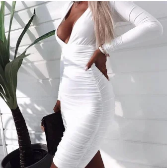 

Yesexy 2019 Solid Color Deep V Neck Long Sleeve Women Mini Dresses Autumn Winter Soft Bodycon Elegant Women Dresses VR19493