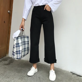

Solid Color Jeans White Curled Ankle-length Black Denim Jeans