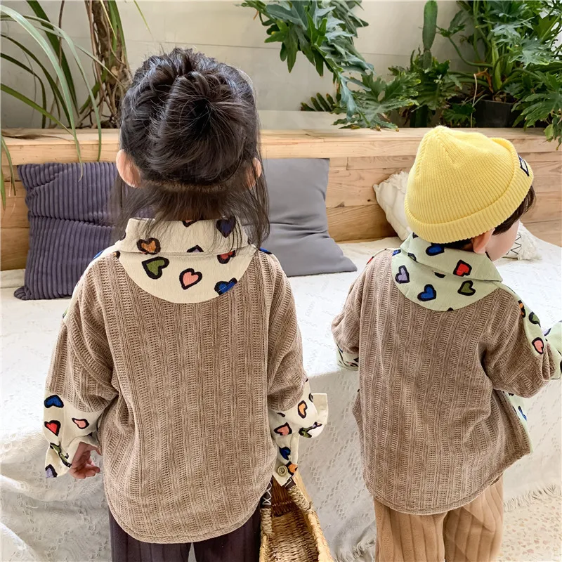 Fall And Winter New Korean Edition Of Childrens And Mens Corduroy Lovely Fashion Splice With Fleece Shirts