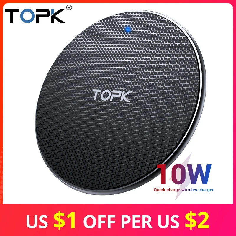 TOPK Wireless Charger for iPhone Xs Max X 8 Plus 10W Fast Charging Pad for Samsung Note 9 Note 8 S10 Plus