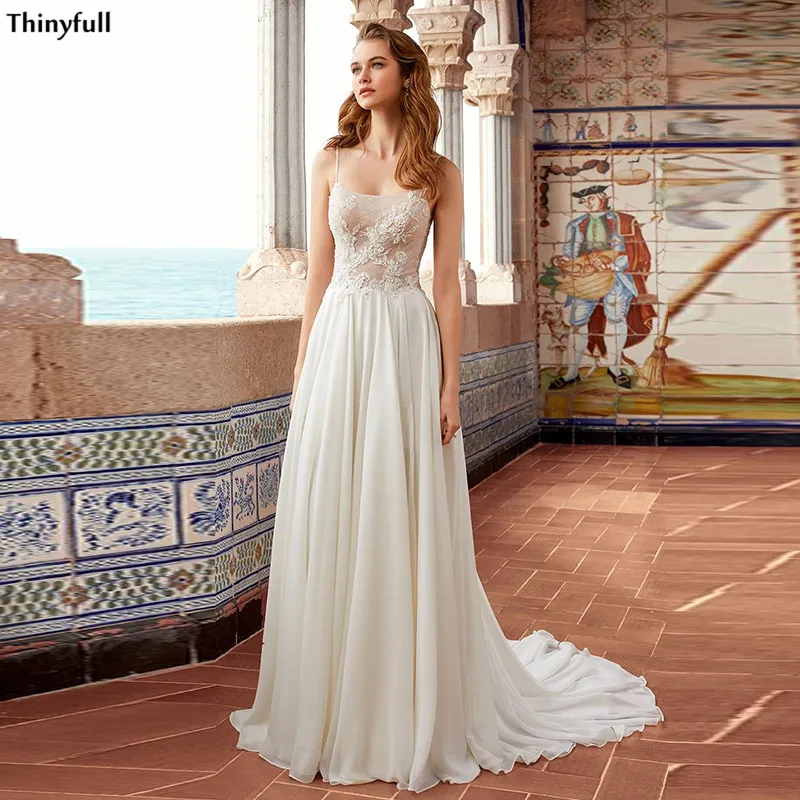 

Thinyfull New Beach Wedding Dresses Chiffon Lace Appliques Boho Mariage Gowns Spaghetti Straps Country Wedding Party Gowns Robes