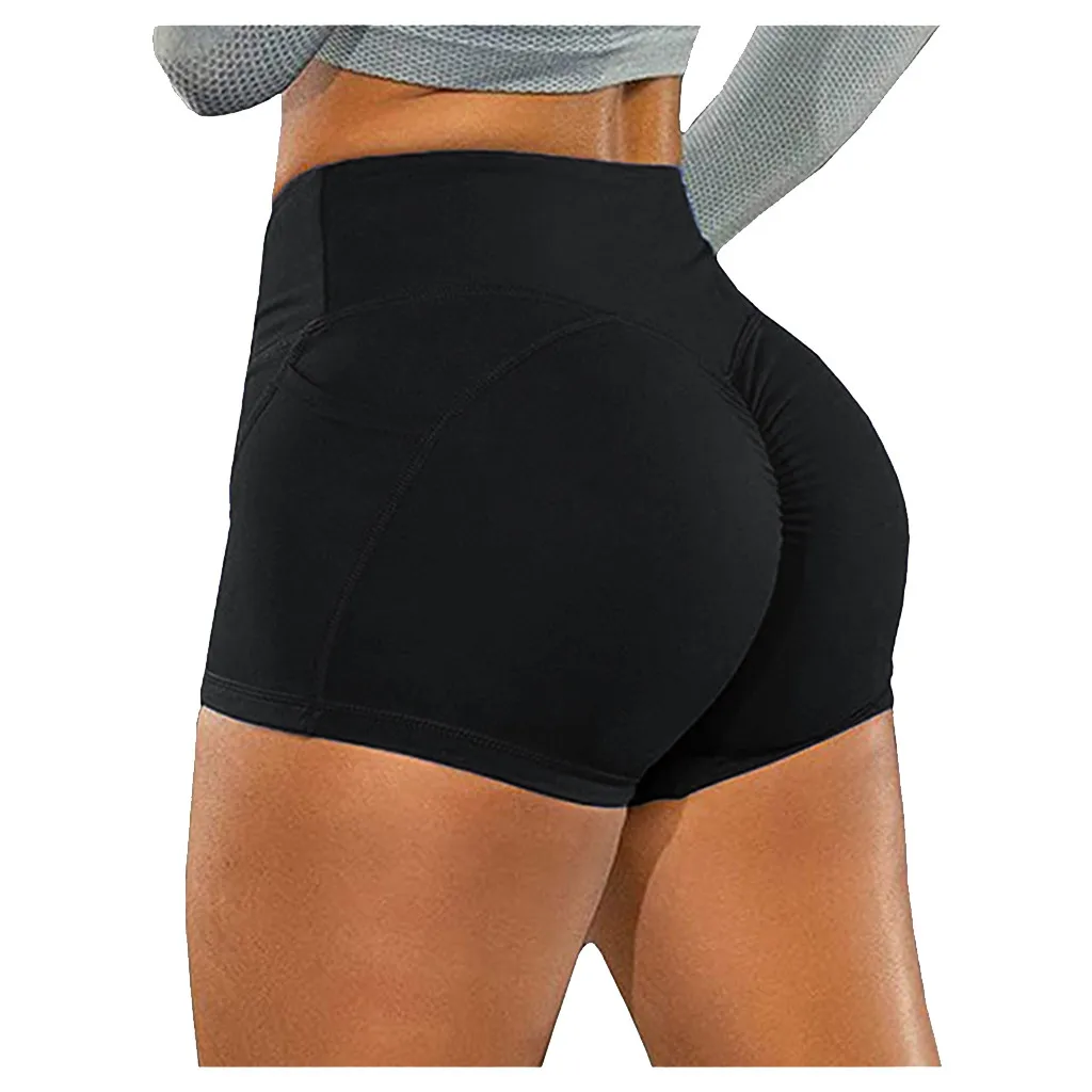Pantalones cortos deportivos de cintura alta para mujer, mallas elásticas de encaje perfecto, Push-Up, entrenamiento de gimnasia, pantalones cortos con bolsillo