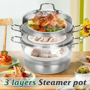 

3-layers 410 Stainless Steel Steamer Pot Steaming Cookware Hot Pot Cookware Multifunctional Use, Boil, Steam and Stew Portable