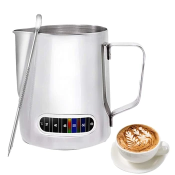 

Milk Frothing Pitcher,20Oz Stainless Steel Espresso Steaming Pitcher with Thermometer,Coffee Milk Frothing Cup