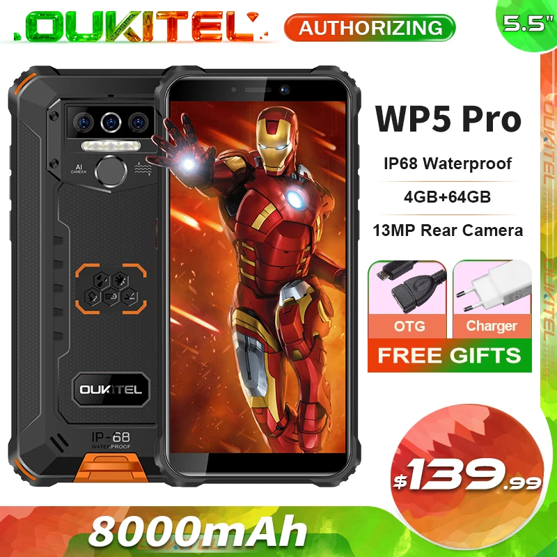 Descuento OUKITEL-teléfono móvil WP5 Pro resistente, 4GB + 64GB, pantalla de 8000 pulgadas, Android 5,5, cámara trasera de 13MP, impermeable IP68, 10,0 mAh 1gNWbOKDJdD