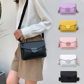 

Fashion Candy Color Crossbody Sling Bags Women Knit Belt Small Square Shoulder Handbags Female PU Leather Purse Buckle Tote Bag