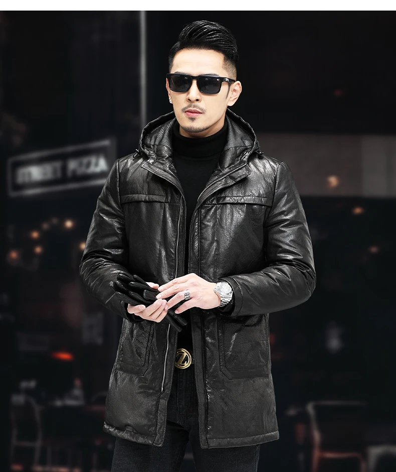 Winter New Youth First Layer Cowhide Leather Jacket Men's Mid-length Thick Hooded Leather Down Coat black puffer coat