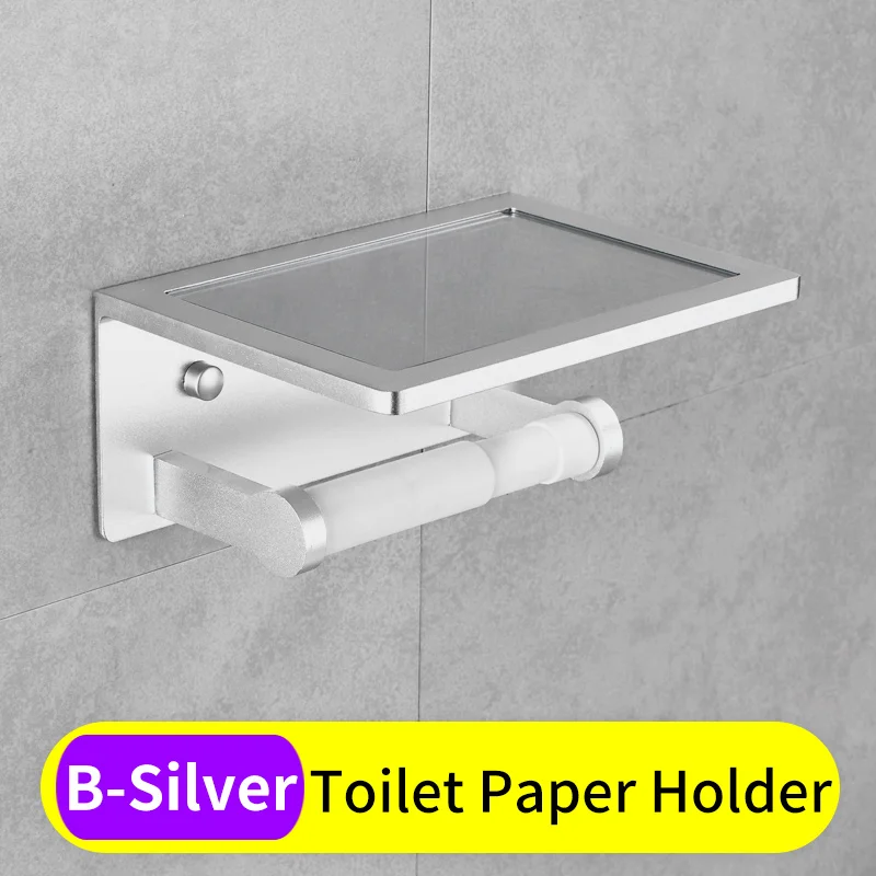 B-Silver Держатель для туалетной бумаги с полкой черный алюминиевый держатель рулона туалетной бумаги настенный многофункциональный мобильный телефонные полки - Цвет: B-Silver