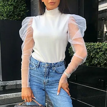 

Women Mesh Sheer See Through Blouse Long Sleeve Turtleneck High Street Tee Tops 2019 New Fashion