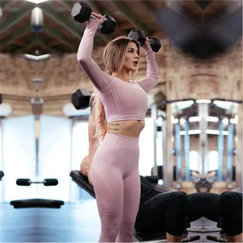 2 pcs set Seamless Women Sport Suit Gym Workout Clothes Long Sleeve Fitness Crop Top
