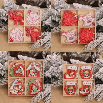 

12pcs New Year Red White Wooden Christmas Ornaments Pendant Hanging Gifts with Box Xmas Tree Decorations for Home Navidad 2020