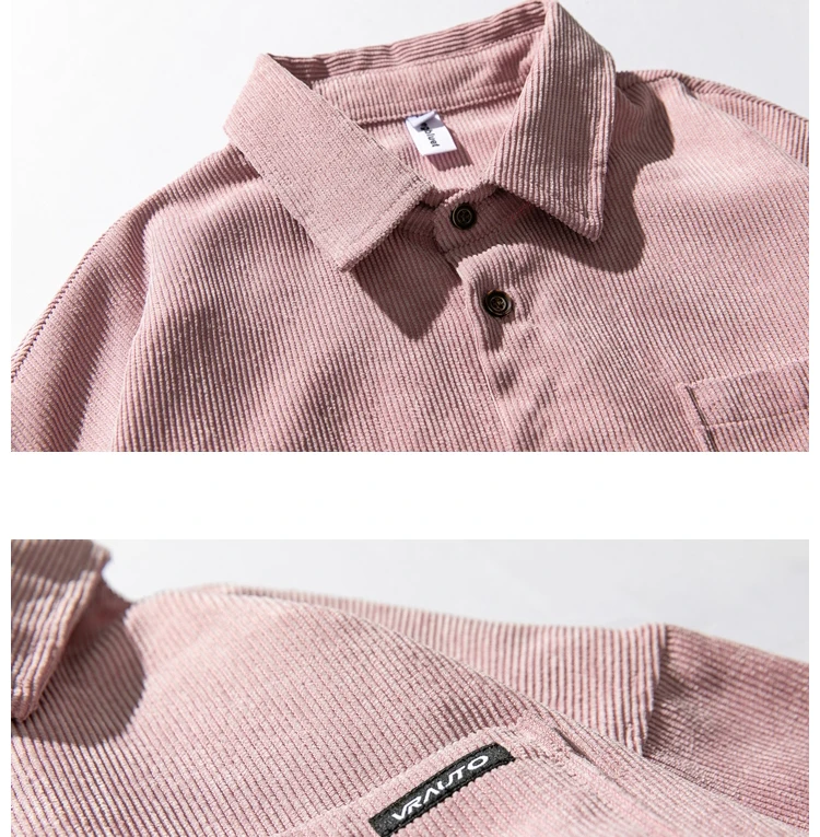Осенний длинный рукав фланель рубашка мужская повседневная с отложным воротником розовая Японская уличная модная Однотонная рубашка для мужской одежды