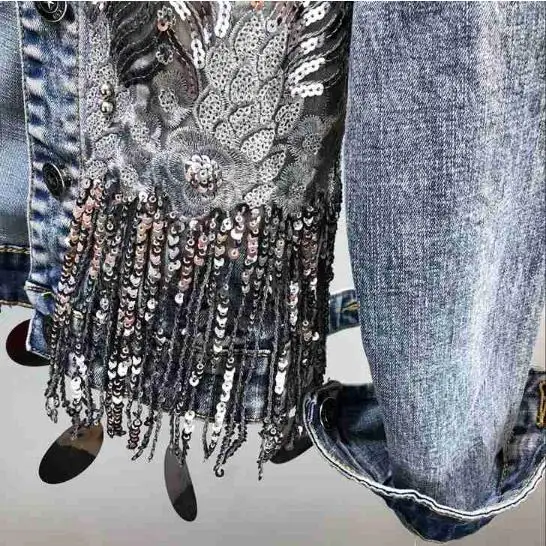 Европейская Осенняя Женская мода с блестками короткая джинсовая куртка пальто+ рваные джинсы комплект из двух предметов винтажный Джинсовый комплект уличная одежда высокого качества