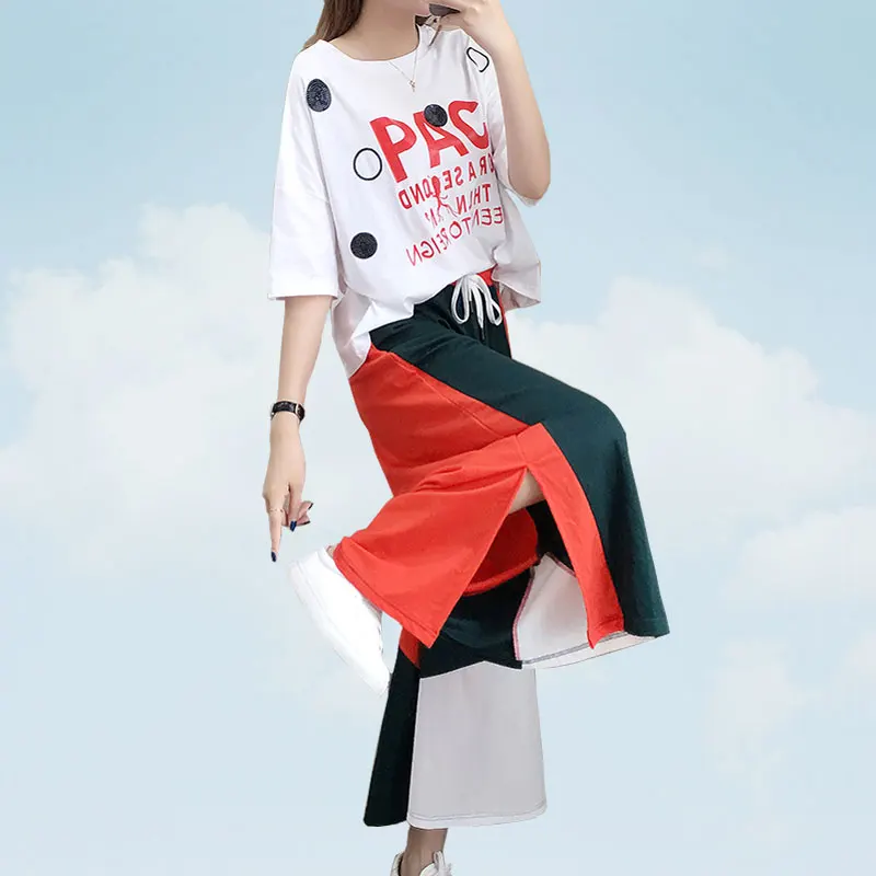 

Summer 2 Piece Set Women 2019 New Slim Trendy Wide-leg Pants With Letter Short Sleeve T-shirt Color Matching Two Piece Set SS545