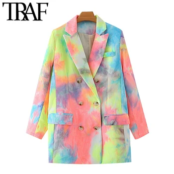 

TRAF Women Fashion Double Breasted Tie-dye Print Blazers Coat Vintage Long Sleeve Pockets Female Outerwear Chic Tops