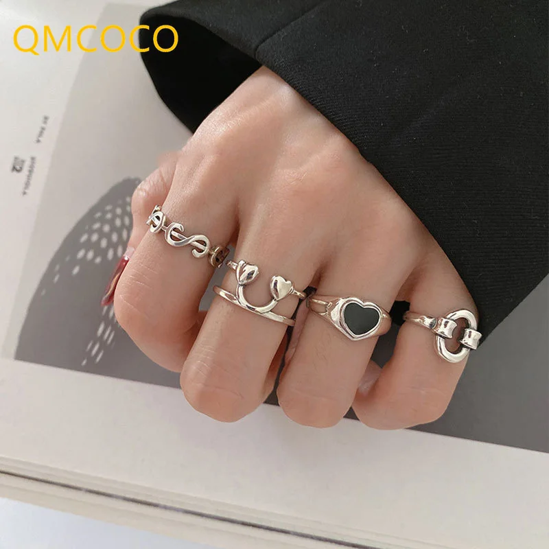 QMCOCO INS модные 925 серебряные кольца для женщин пары винтажные ручной работы черные
