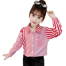 Детская школьная одежда полосатая Лоскутная Блузка для девочек Повседневные детские блузки для девочек топы с длинными рукавами для подростков блузка рубашка