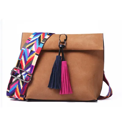 Женская сумка-мессенджер, сумка через плечо с кисточками, сумки на плечо, женские дизайнерские сумки, женские сумки с цветным ремешком - Цвет: Коричневый
