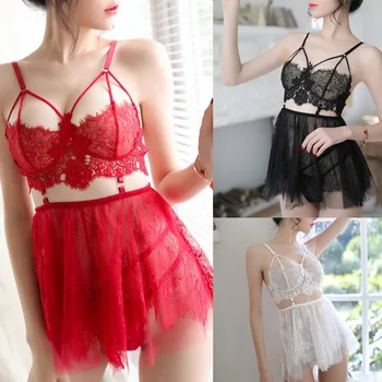

Sling Nightgown Sleepwear Sexy Lingerie Female Winter Water Soluble Floating 1Set Flower Eyelash Lace Perspective Temptation