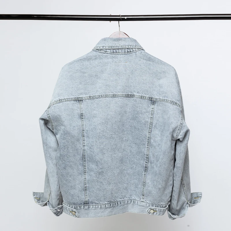 Vintage Women Jacket 2021 Autumn Winter Oversize Denim Jackets Washed Blue Jeans Coat Turn-down Collar Outwear Bomber Jacket
