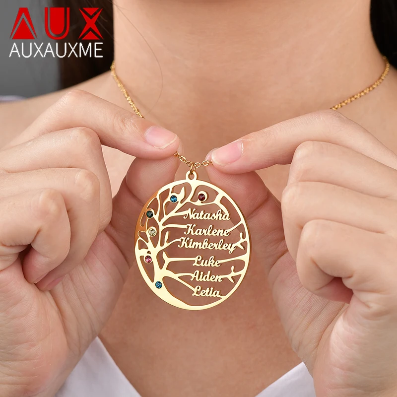 Auxauxme персонализированное Дерево жизни пользовательское имя ожерелье из нержавеющей стали золотое семейное дерево женское ожерелье с буквами Рождественский подарок