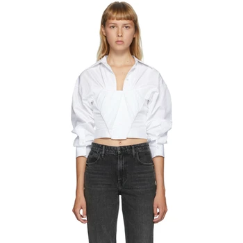 

2020 Cotton High Street White Solid Colour Puff Sleeve Three Quarter Short Fashion Women Shirt Blouse
